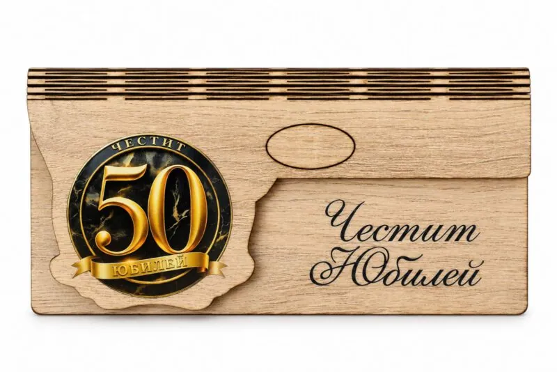 Дървен плик за пари „Честит юбилей 50“ – черно и златно