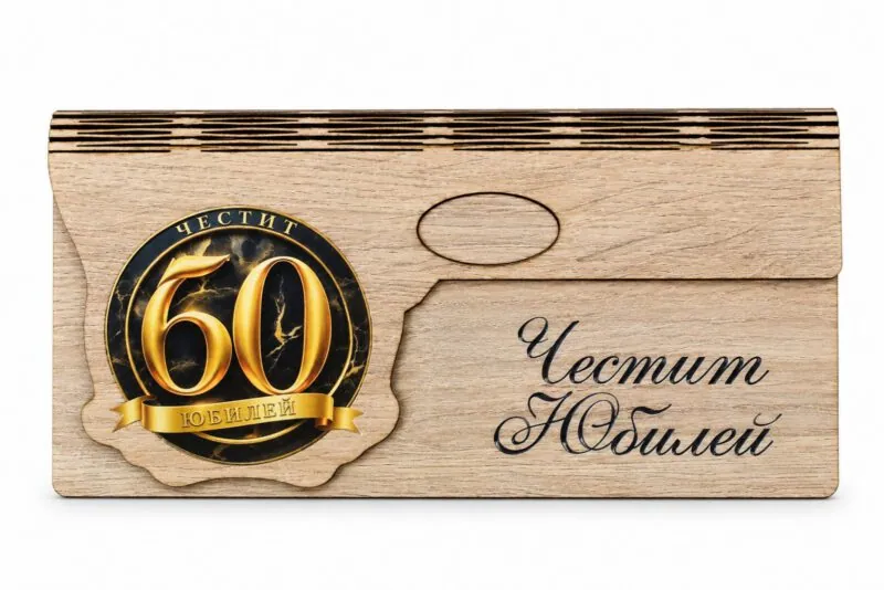Дървен плик за пари „Честит юбилей 60“ – черно и златно