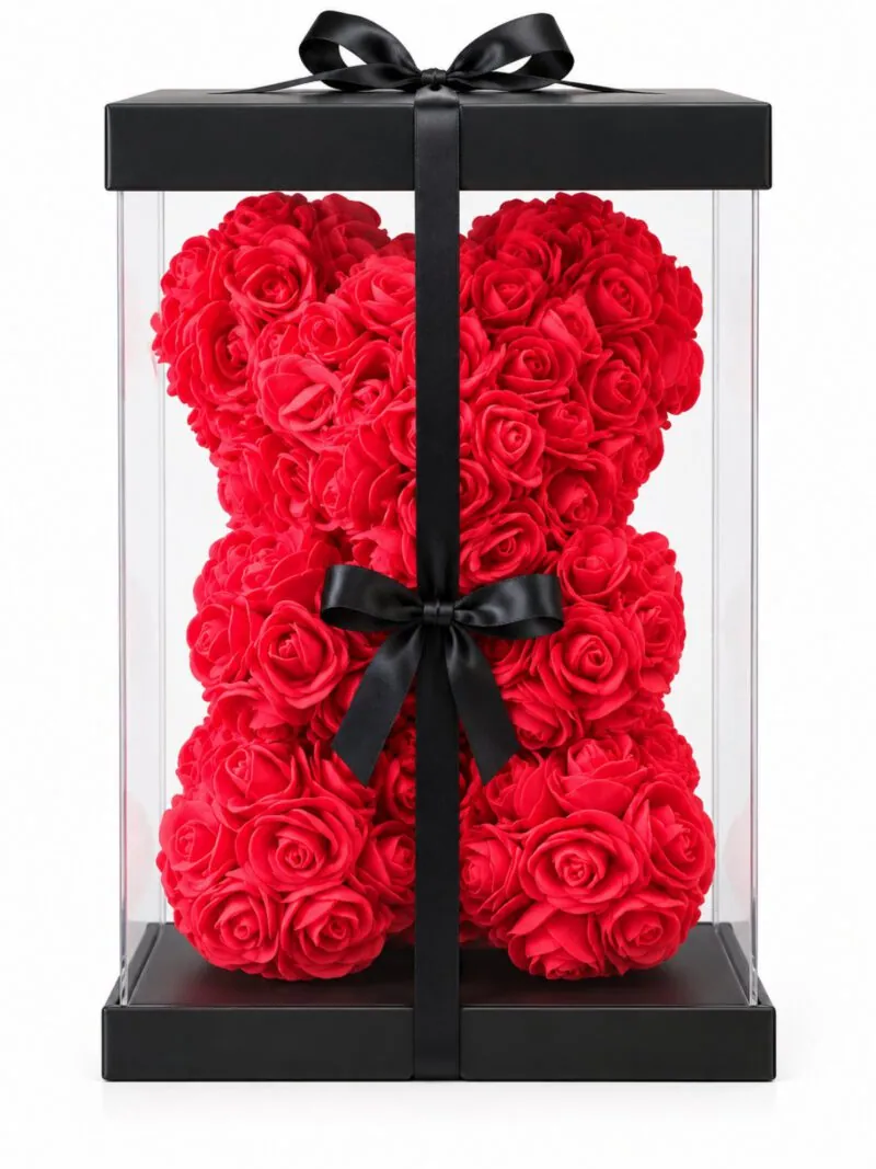 Мече от рози в кутия – 23 см, червено