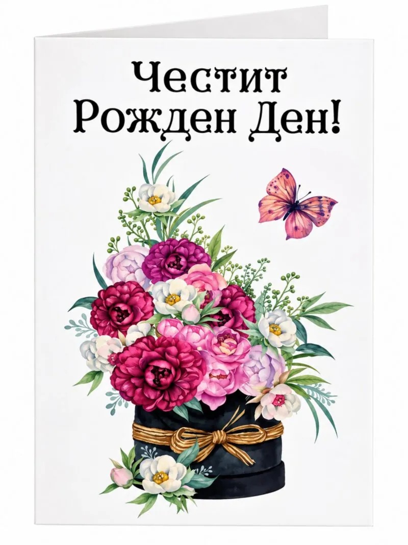 Картичка „Честит рожден ден!“ с цветя в кутия
