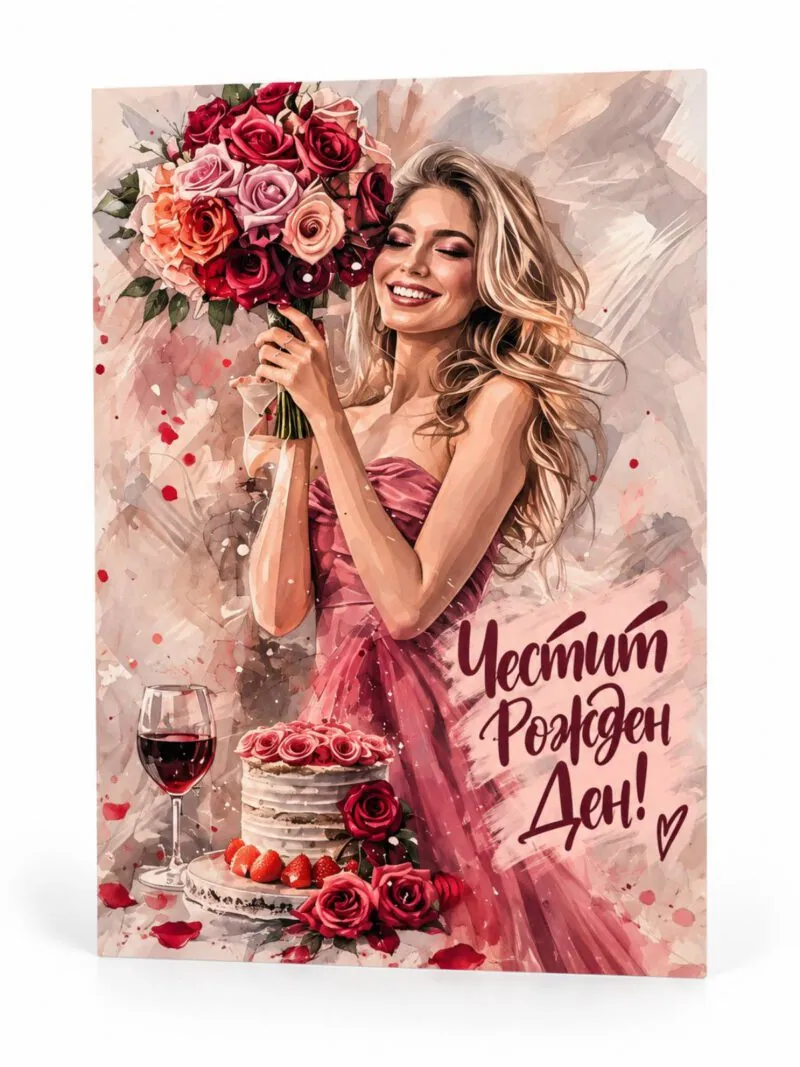 Картичка „Честит рожден ден!“ с дама, рози и торта