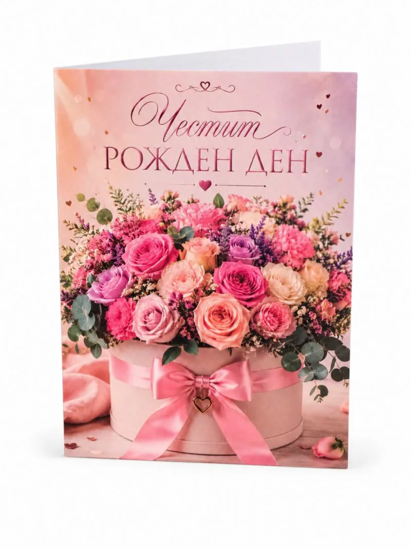 Картичка „Честит рожден ден!“ с цветя в кутия с панделка – без пожелание