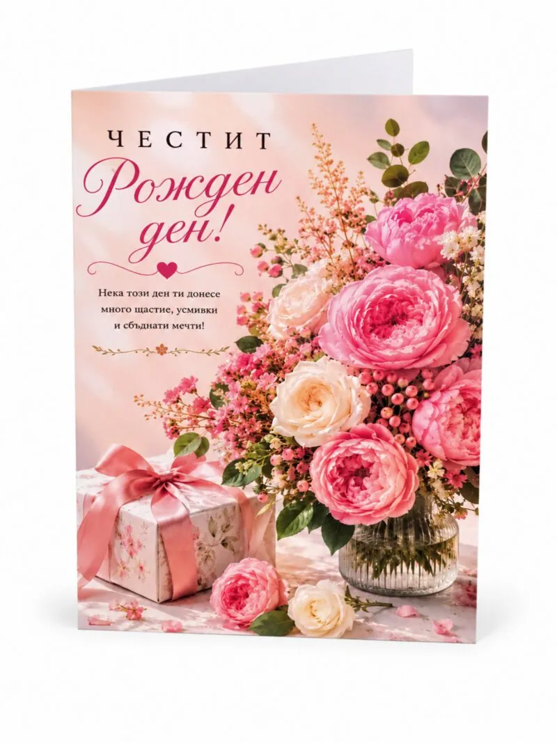 Картичка „Честит рожден ден!“ с рози и подарък – без пожелание