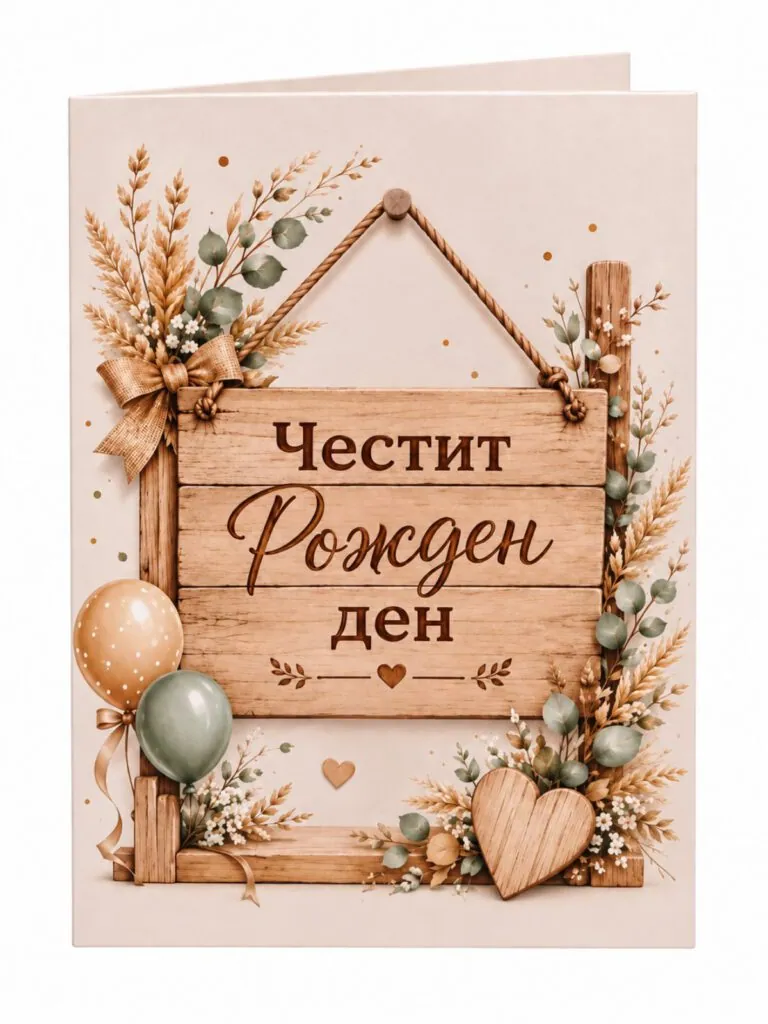 Картичка „Честит рожден ден!“ с дървена табела – без пожелание