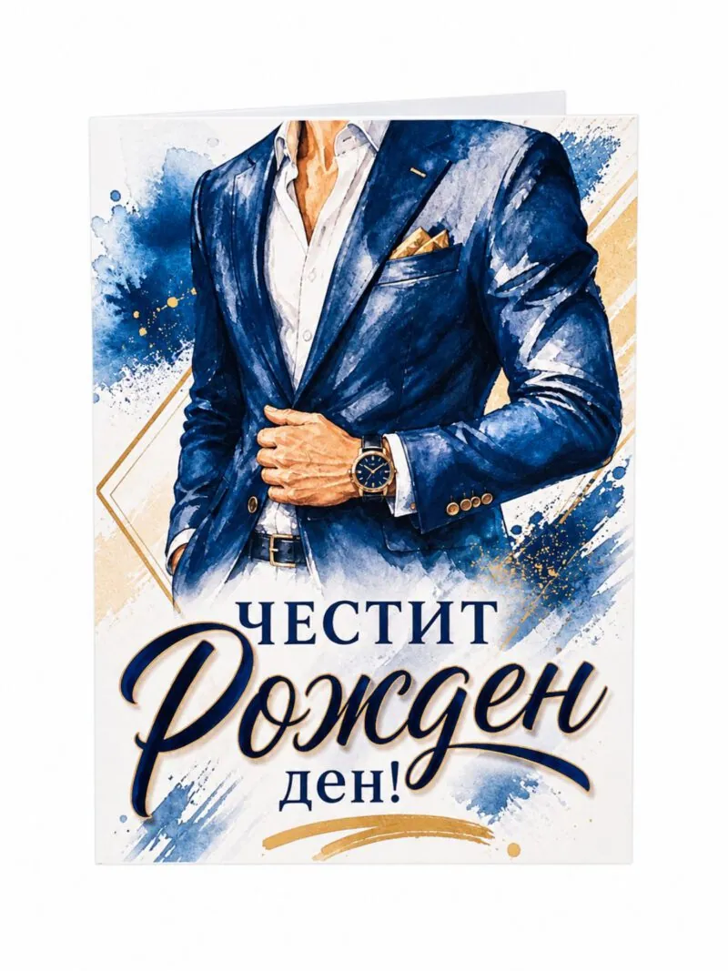 Картичка „Честит рожден ден!“ с мъж в син костюм – без пожелание