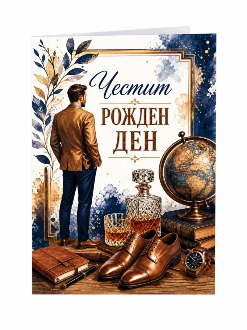 Картичка „Честит рожден ден“ с мъж, уиски и глобус – без пожелание