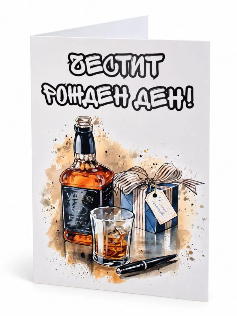 Картичка „Честит рожден ден!“ с бутилка уиски – графити
