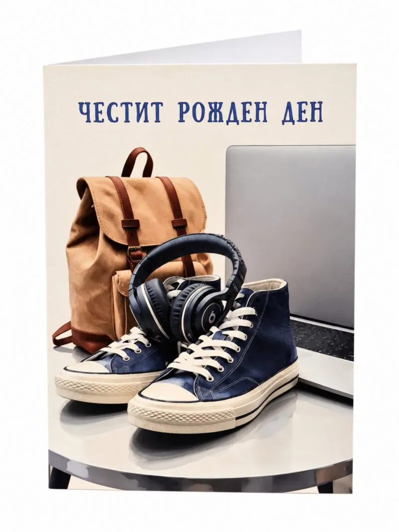 Картичка „Честит рожден ден“ с кецове, раница и слушалки – без пожелание