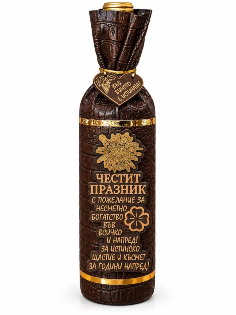 Бутилка вино в кожен калъф „Честит празник“