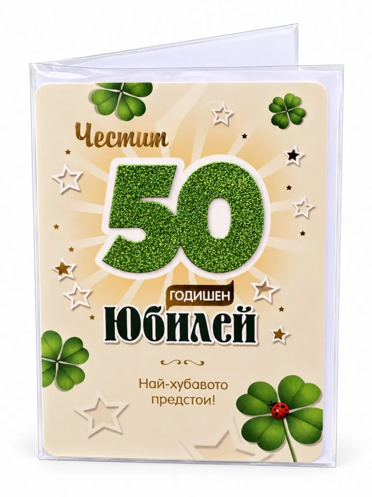 Картичка „Честит 50 годишен юбилей“ с детелини