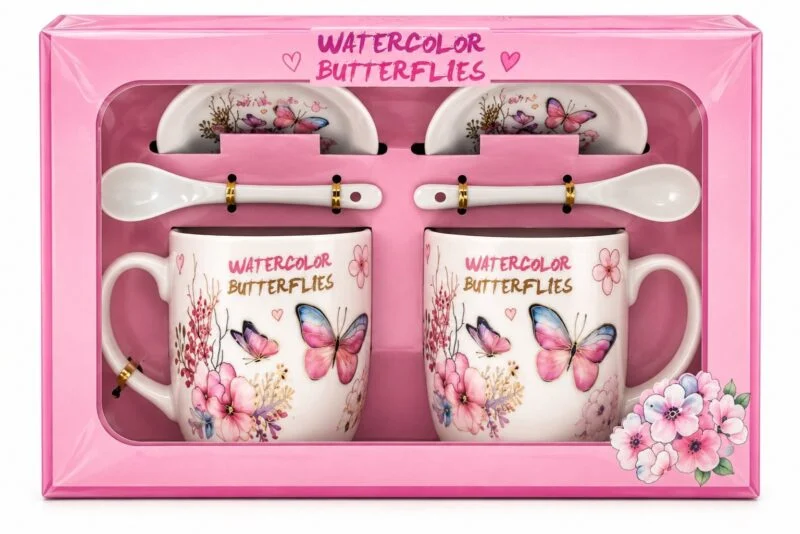 Две чаши с чинийки и лъжички в кутия-куфарче „Watercolor butterflies“